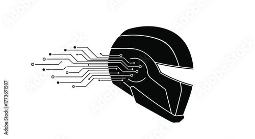 Futuristic helmet with integrated digital circuits, symbolizing advanced technology and artificial intelligence.