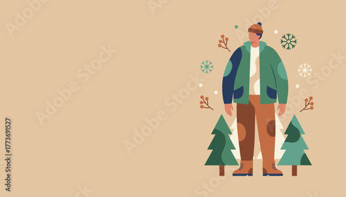 Modern illustration of a man in warm winter clothes surrounded by pine trees and snowflakes
