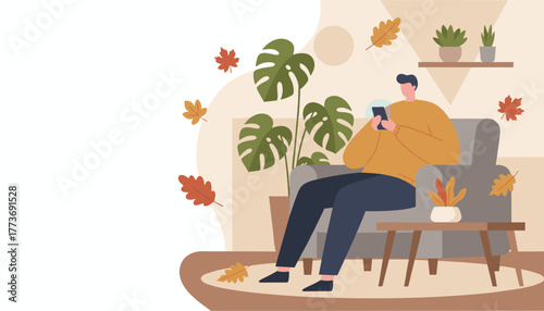 Relaxed man checks phone in a cozy armchair amidst autumn decor and houseplants