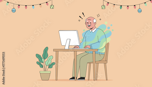 Excited senior man using desktop computer at home Digital literacy and online learning concept