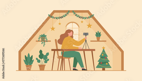 Vlogger records holiday video content in a cozy decorated attic studio Remote work and Christmas concept