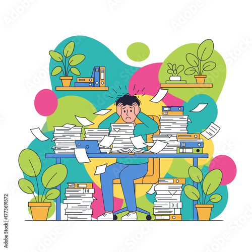 Stressed worker drowning in paperwork Burnout overwhelming job and deadlines concept