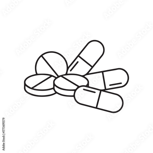Medical drugs and medication pills line icon