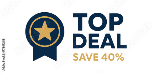 Top deal save 40 percent off badge with gold star ribbon award. Sale promotion, quality label. Flat vector illustration.