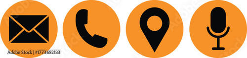 Four orange circles displaying contact information icons: email, phone, location, and microphone