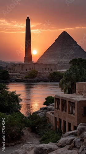 Majestic Sunrise Over Ancient Egyptian Pyramid and Obelisk by the Nile River with Vibrant Colors and Scenic Silhouette