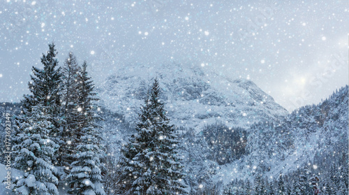 Winter Christmas landscape with fir trees in forest and snowfall.