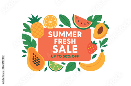 Summer fresh sale up to 50 percent off banner with tropical fruits. Seasonal food discount, exotic design. Flat vector illustration.