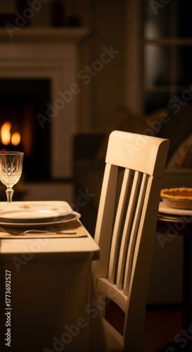 Photo of empty chair at dinner table with candle symbolizing gratitude and remembrance
