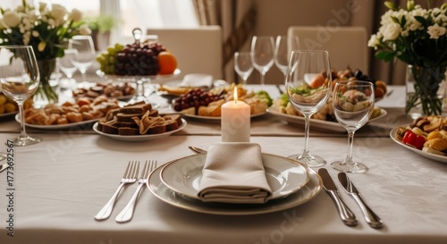 Photo of empty chair at dinner table with candle symbolizing gratitude and remembrance