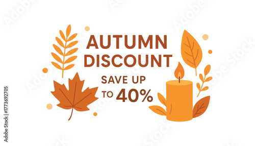 Autumn discount save up to 40 percent banner with fall leaves and candle. Seasonal sale, cozy design. Flat vector illustration.