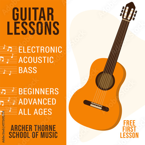 Music lesson banner template. Guitar lessons. Banner, social media post, flyer, ad.