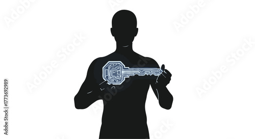 Silhouette of a person holding a glowing digital key over their chest, symbolizing access and insight.