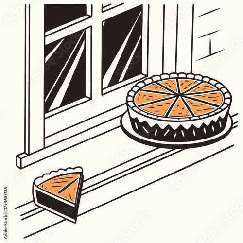 Whimsical drawing of a whole pie and a slice on a windowsill isolated on transparent background