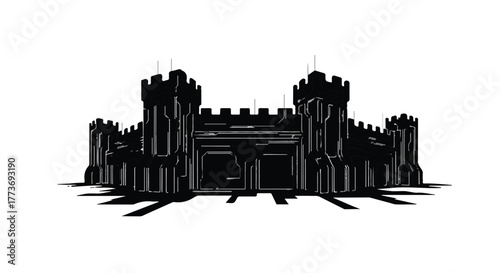 Mysterious dark fortress silhouette against a bright white background, casting long shadows.