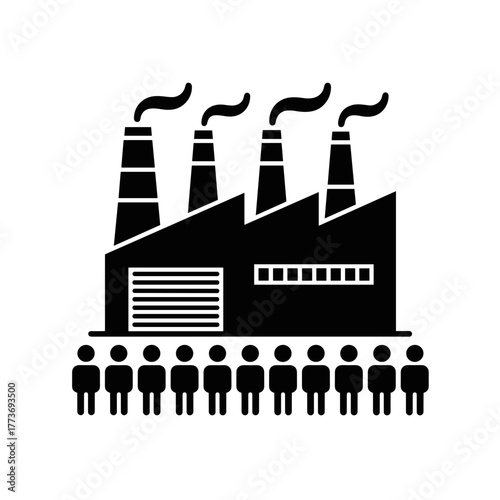 A black silhouette shows a factory with smokestacks and workers, representing industry, pollution, and labor.