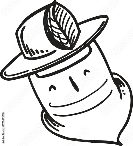 Stylized silhouette of a person wearing a hat with a leaf emblem expressing a friendly mood isolated on transparent background