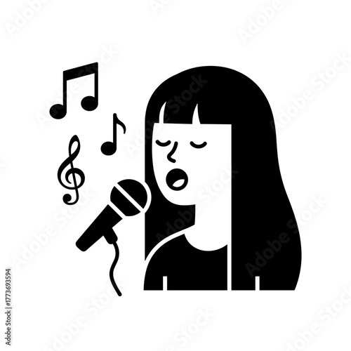 A singer performing with a microphone and musical notes, showing musicality, passion, and artistic talent