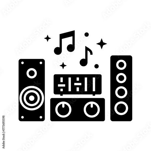 a black and white icon of an audio system with music notes and stars, perfect for music and audio themes