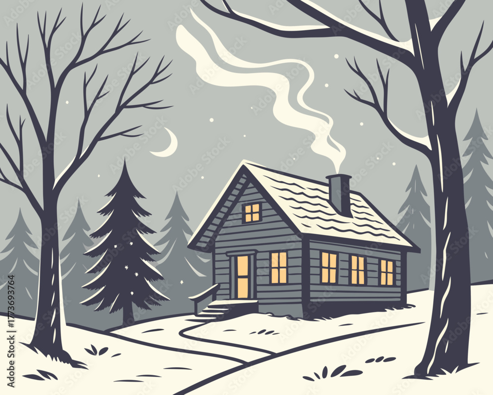 Naklejka premium Cozy cabin nestled in a snowy winter forest landscape with smoke rising from chimney