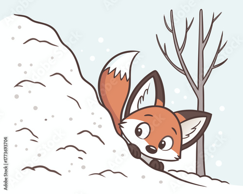 Cartoon fox peeking out from a snowy hill with a bare tree nearby