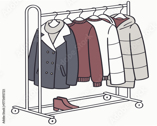 Clothing rack with coats and shoes
