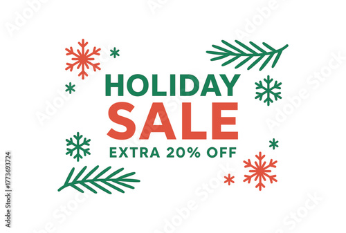 Holiday sale extra 20 percent off banner with snowflakes and pine branches. Christmas discount, festive design. Flat vector illustration.