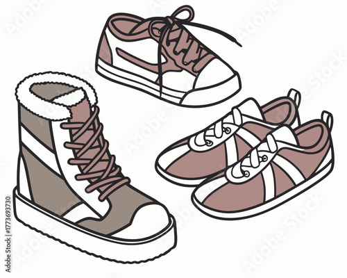 Collection of footwear including a boot and two pairs of tennis shoes