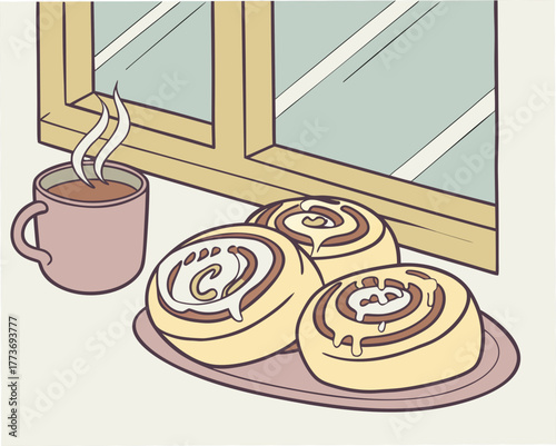 Delicious cinnamon rolls and a cup of coffee by the window