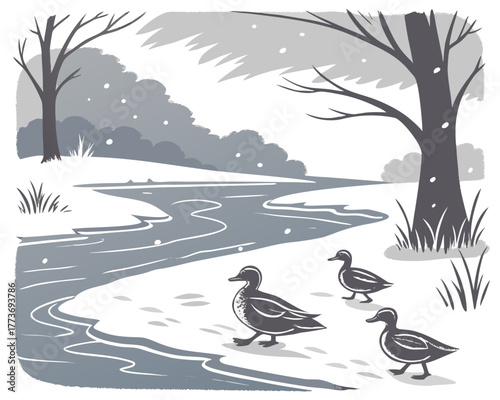 Ducks walking along a snowy riverbank on a cold winter day illustration