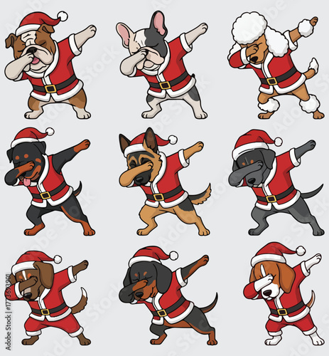 Dabbing Dogs in Santa Suit Vector Set. Funny Christmas Pet Character Collection with Bulldog, Poodle, German Shepherd, and Beagle Breeds.