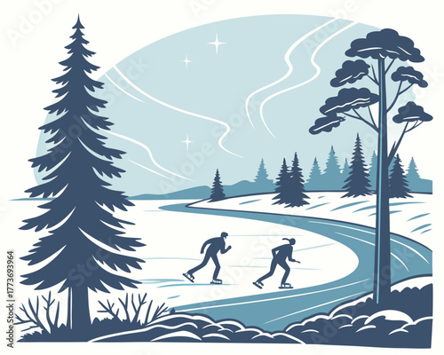 People ice skating on frozen river in winter