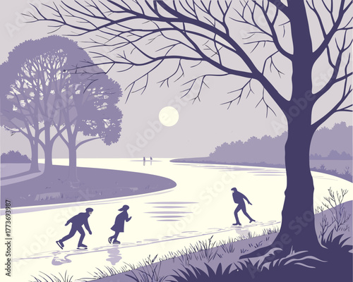 People ice skating on frozen river under moonlight