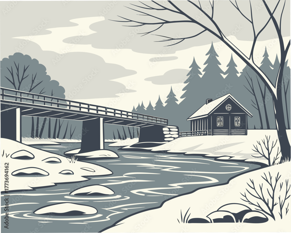Obraz premium Winter landscape with a bridge over the river and a house on the shore