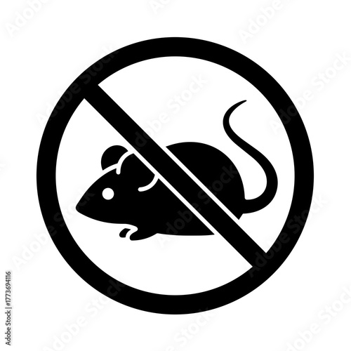 a black and white vector image depicting a no mouse sign, indicating pest control and rodent prevention