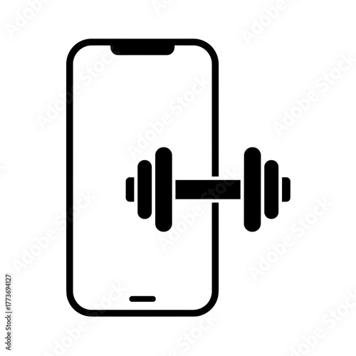 A digital fitness app on a smartphone for online workouts and personal training with a dumbbell icon.