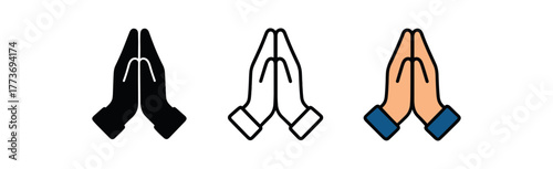 prayer hands symbol icon on white background Black silhouette flat icon outline icon and colored icon style three minimal vector icon style