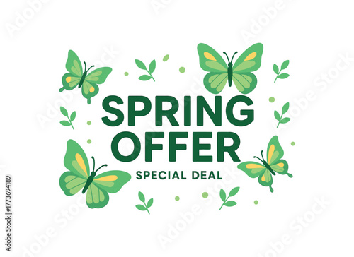 Spring offer special deal banner with green butterflies and leaves. Seasonal sale, nature design. Flat vector illustration.