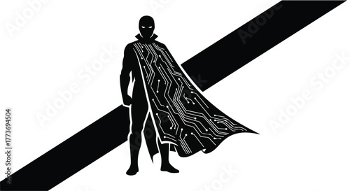 Tech superhero with circuit board cape stands against dark diagonal stripe