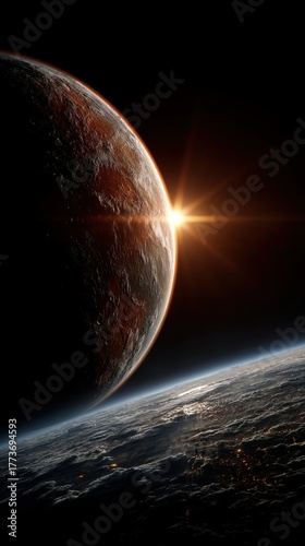 Stunning View of Earth from Space with a Distant Planet and Sun's Rays Shining Brightly Against a Dark Background