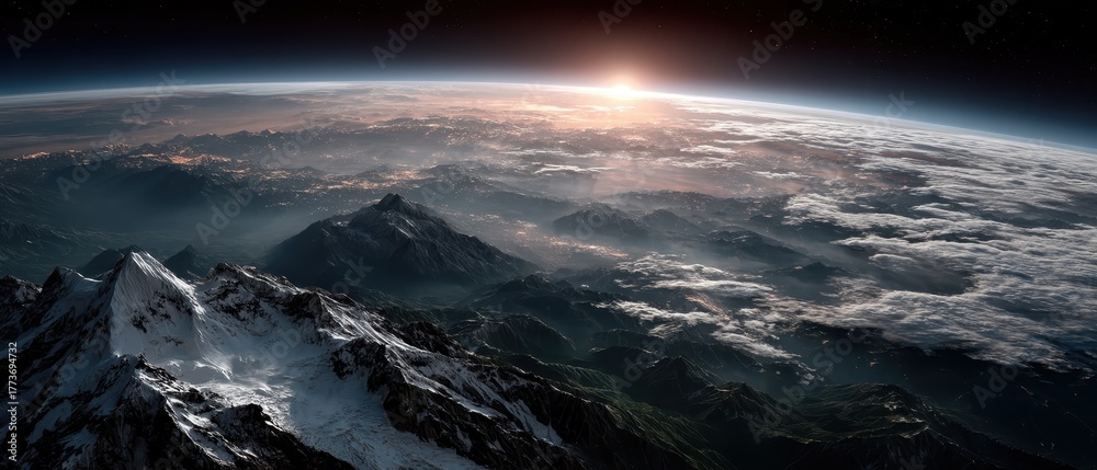 Fototapeta premium Breathtaking View of Earth from Space at Dawn with Snow-Capped Mountains and Clouds Above the Horizon