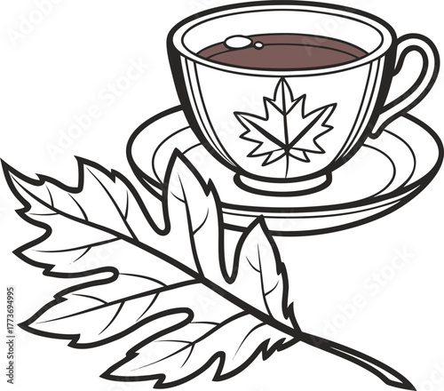 Autumn leaf and hot beverage in a cup with saucer artistic sketch style isolated on transparent background