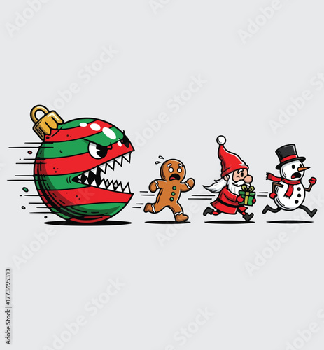 Funny Christmas Ornament Monster Chasing Santa, Snowman, and Gingerbread Man. Humorous Holiday Horror Vector Art.
