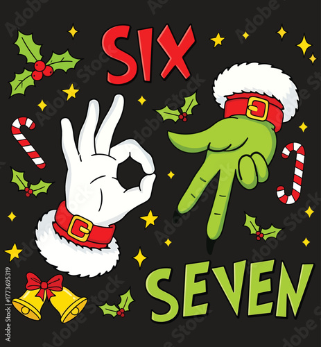 Counting Christmas Fingers Vector, White Santa Hand Showing Six and Green Grinch-Like Hand Showing Seven. Holiday Numbers Graphic Design.