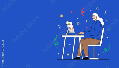 Senior professional working on data analytics on a computer celebrating success