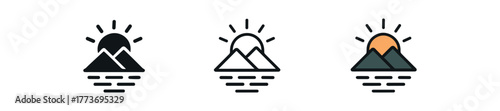 mountain sunrise reflection icon on white background Black silhouette flat icon outline icon and colored icon style three minimal vector icon style
