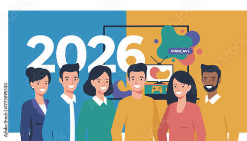 Group portrait representing 2026 future goals diversity and leisure lifestyle illustration