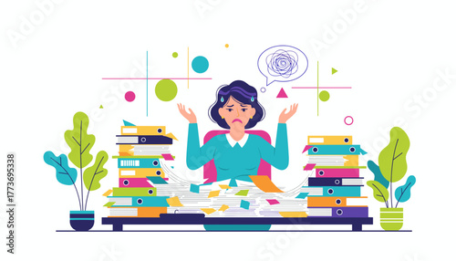 Stressed office worker overwhelmed by huge stacks of paperwork symbolizing workload and burnout