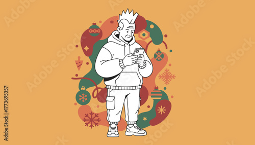 Modern punk man checks phone with festive background ornaments Seasonal technology use