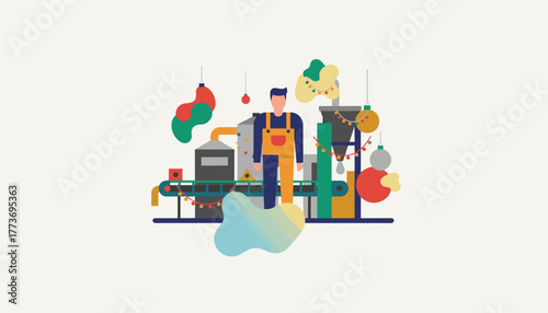 Factory worker with festive machinery illustrating holiday industrial production